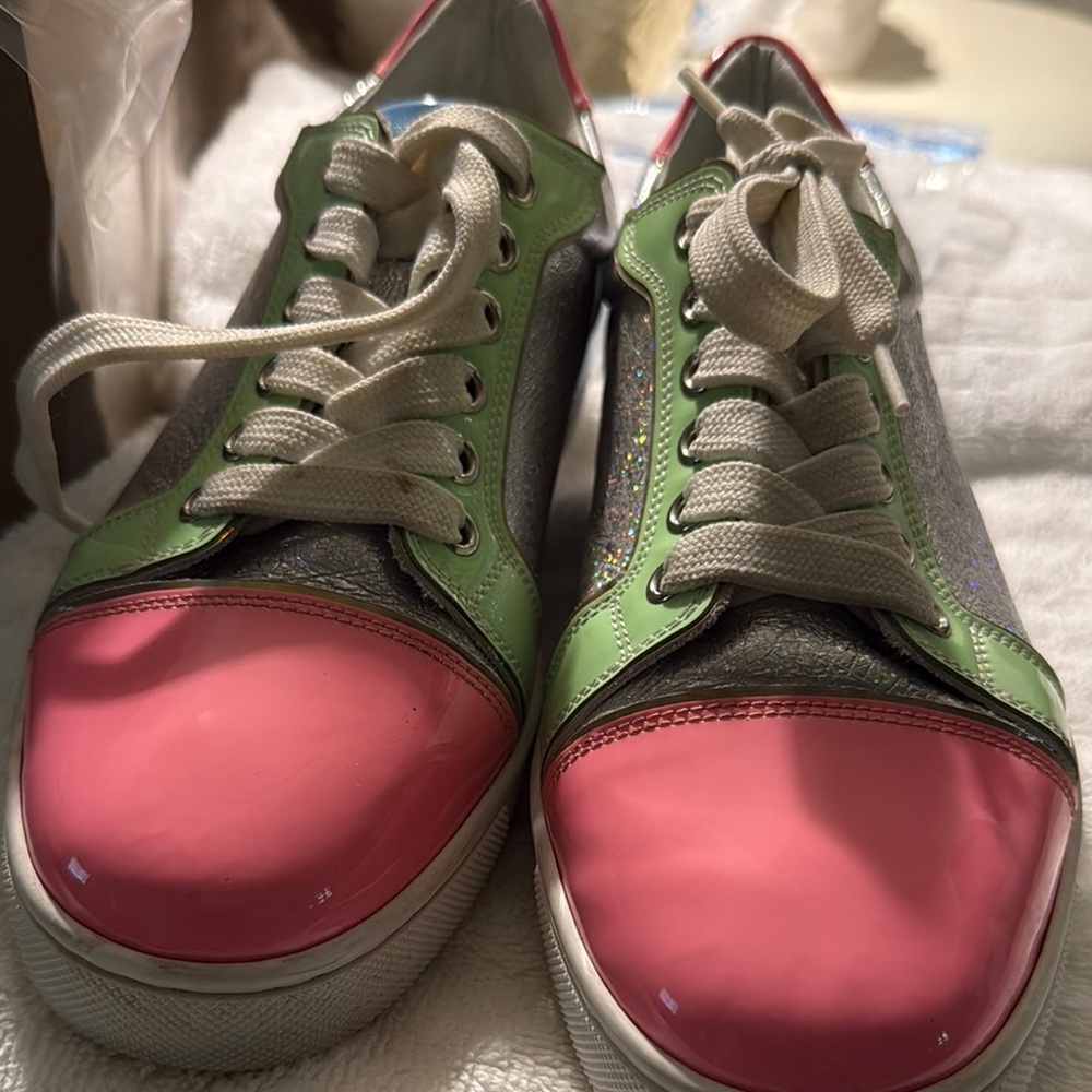 Christian Louboutin Fun Veiria Patent Leather Bubble Gum Silver Metallic Sneaker